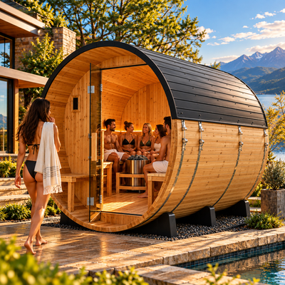 Backyard Discovery Paxton Luxury 4–6 Person Cedar Outdoor Barrel Sauna | 9 kW PrairieFire Heater | Wi-Fi Controls | Covered Front Porch