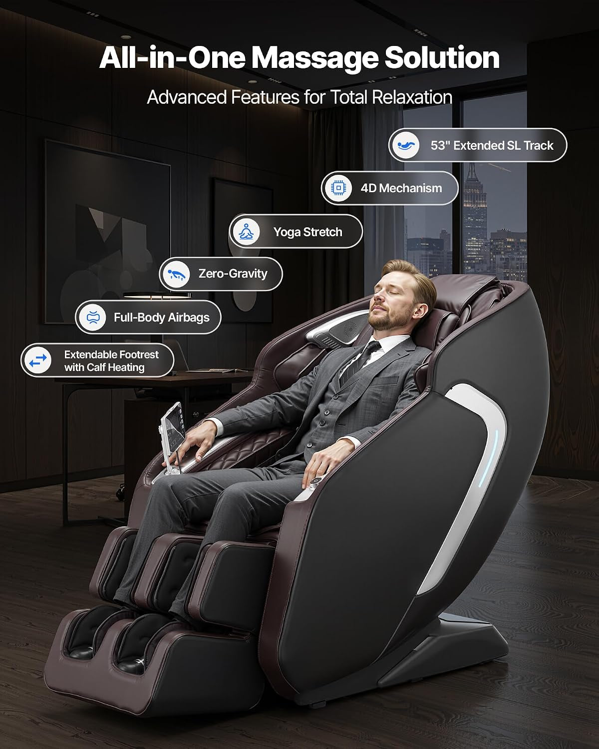 Massage Chair, 4D Full Body Zero Gravity Recliner with SL Track, Yoga Stretch, AI Voice Control, Heat, Foot Roller, Retractable Pedal, 36 Airbags, LCD, Armrest Controls, Rolling Base