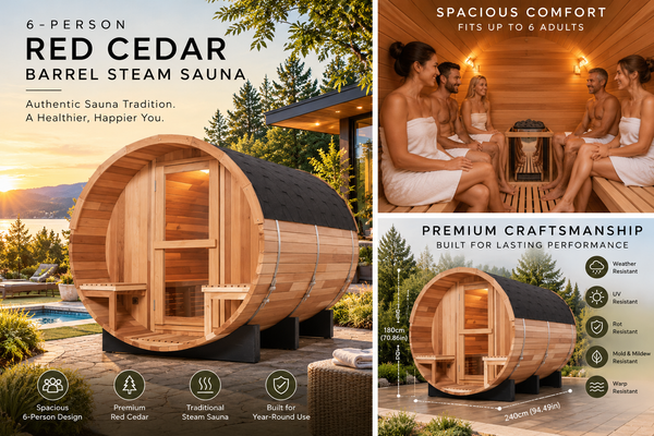 Luxury 6-Person Red Cedar Outdoor Barrel Steam Sauna | Traditional Finnish-Style Design | 6 kW Heater