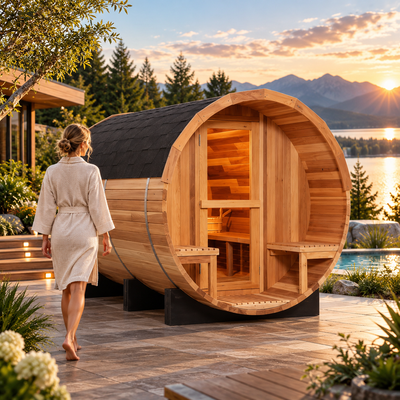 Luxury 6-Person Red Cedar Outdoor Barrel Steam Sauna | Traditional Finnish-Style Design | 6 kW Heater