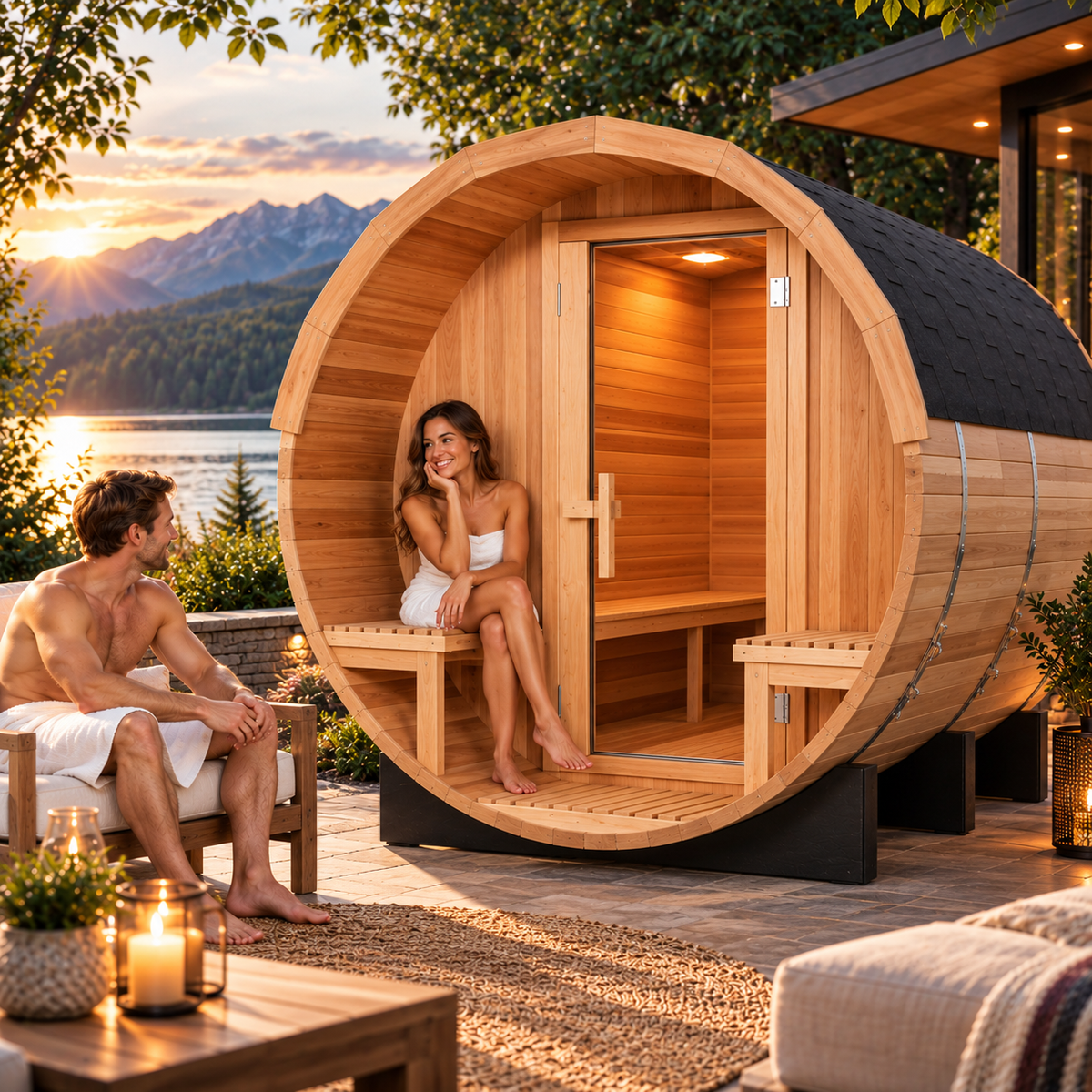 Luxury 6-Person Red Cedar Outdoor Barrel Steam Sauna | Traditional Finnish-Style Design | 6 kW Heater