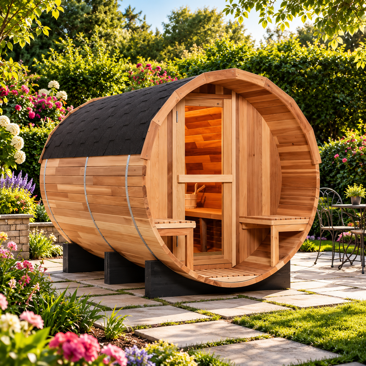Luxury 6-Person Red Cedar Outdoor Barrel Steam Sauna | Traditional Finnish-Style Design | 6 kW Heater