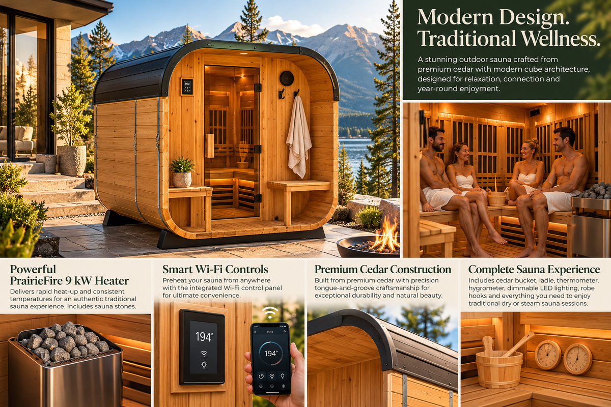 Backyard Discovery Lennon Luxury 2–4 Person Cedar Outdoor Cube Sauna | 9 kW PrairieFire Heater | Wi-Fi Controls | Covered Porch