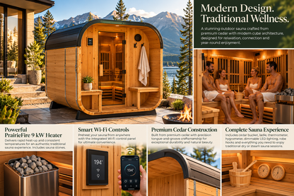 Backyard Discovery Lennon Luxury 2–4 Person Cedar Outdoor Cube Sauna | 9 kW PrairieFire Heater | Wi-Fi Controls | Covered Porch