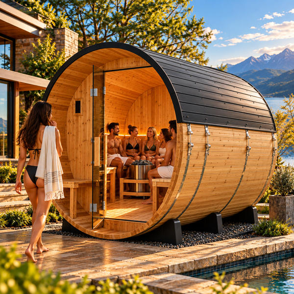 Backyard Discovery Paxton Luxury 4–6 Person Cedar Outdoor Barrel Sauna | 9 kW PrairieFire Heater | Wi-Fi Controls | Covered Front Porch