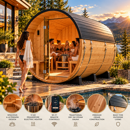 Backyard Discovery Paxton Luxury 4–6 Person Cedar Outdoor Barrel Sauna | 9 kW PrairieFire Heater | Wi-Fi Controls | Covered Front Porch