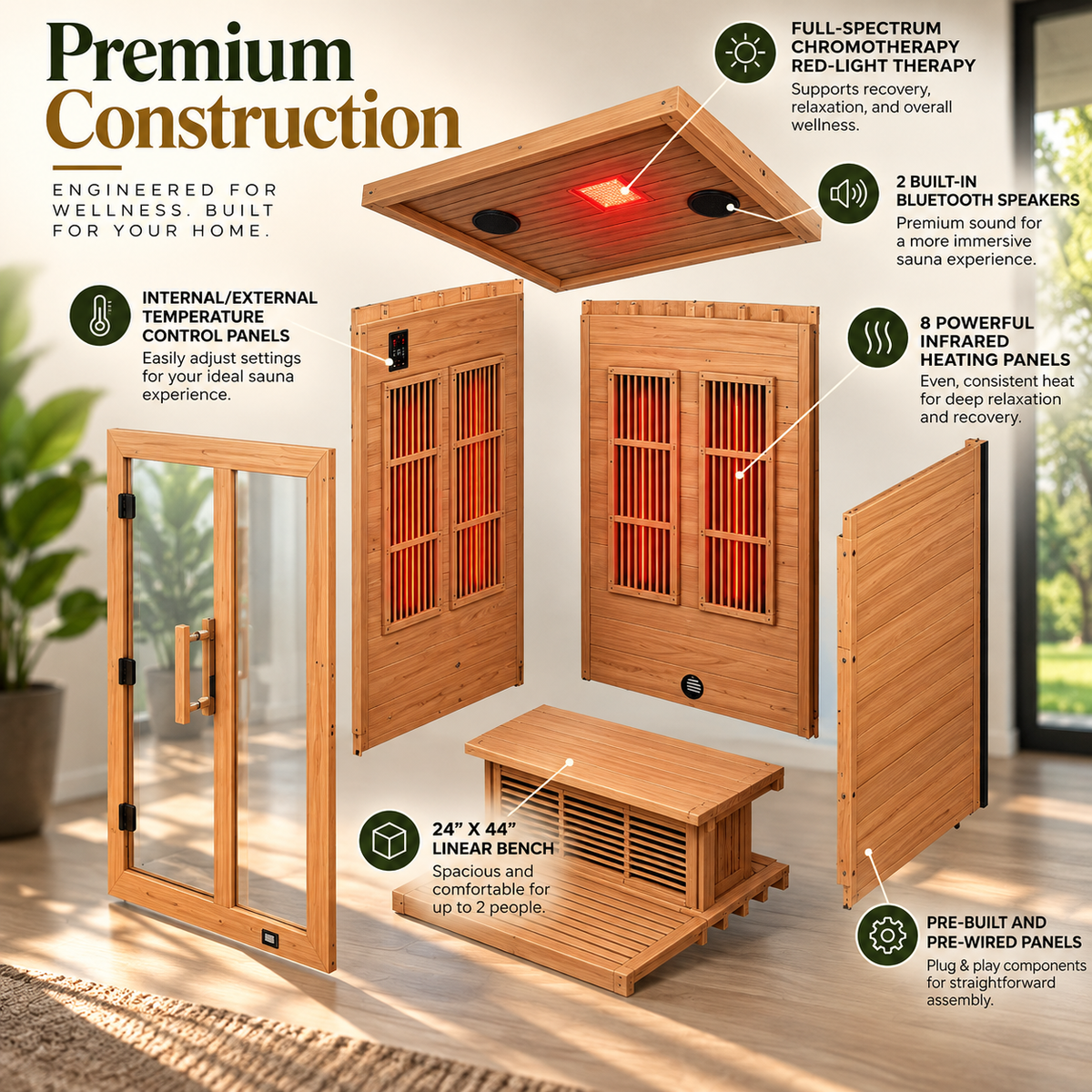 Backyard Discovery Rylan Luxury 2-Person Cedar Infrared Sauna | Red Light Therapy | Chromotherapy | Bluetooth Audio