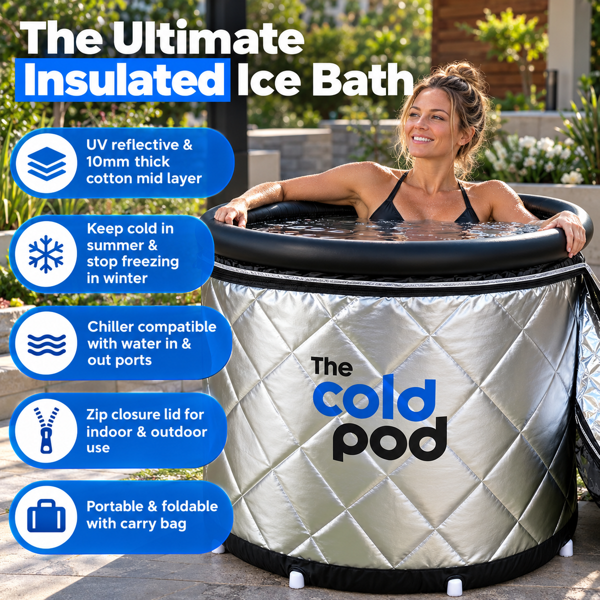 The Cold Pod XL 116-Gallon Cold Plunge Tub Bundle | UV-Reflective Insulated Cover | Chiller Ready