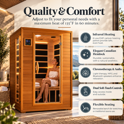 Dynamic Andora Luxury 2-Person Low EMF FAR Infrared Sauna | Canadian Hemlock | PureTech® Carbon Heating | Bluetooth Audio