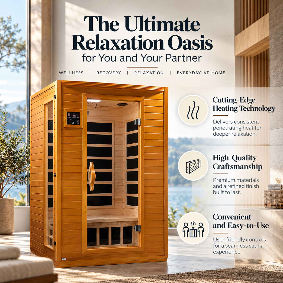 Dynamic Andora Luxury 2-Person Low EMF FAR Infrared Sauna | Canadian Hemlock | PureTech® Carbon Heating | Bluetooth Audio