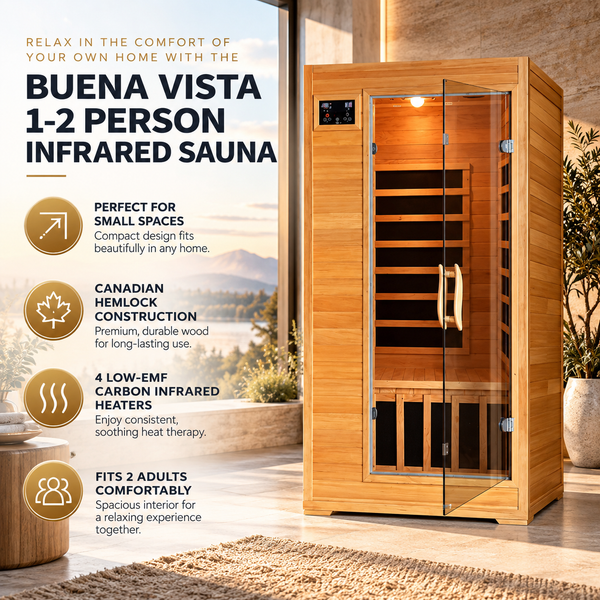 HeatWave Buena Vista Luxury 1–2 Person Low EMF FAR Infrared Sauna | Canadian Hemlock