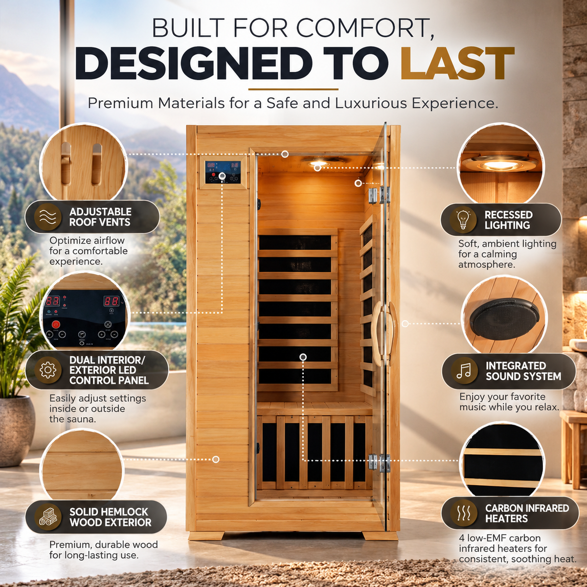HeatWave Buena Vista Luxury 1–2 Person Low EMF FAR Infrared Sauna | Canadian Hemlock