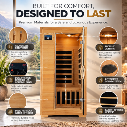 HeatWave Buena Vista Luxury 1–2 Person Low EMF FAR Infrared Sauna | Canadian Hemlock