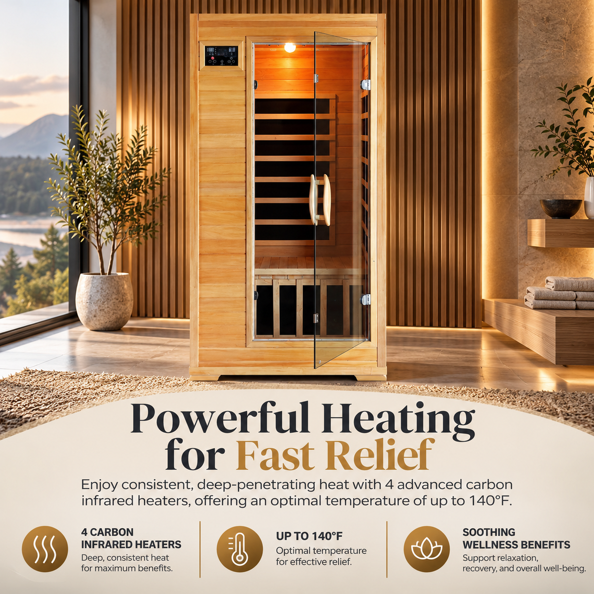HeatWave Buena Vista Luxury 1–2 Person Low EMF FAR Infrared Sauna | Canadian Hemlock