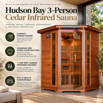 HeatWave Hudson Bay Luxury 3-Person Low EMF FAR Infrared Sauna | Canadian Red Cedar | Corner Design
