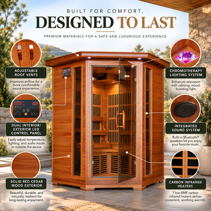 HeatWave Hudson Bay Luxury 3-Person Low EMF FAR Infrared Sauna | Canadian Red Cedar | Corner Design