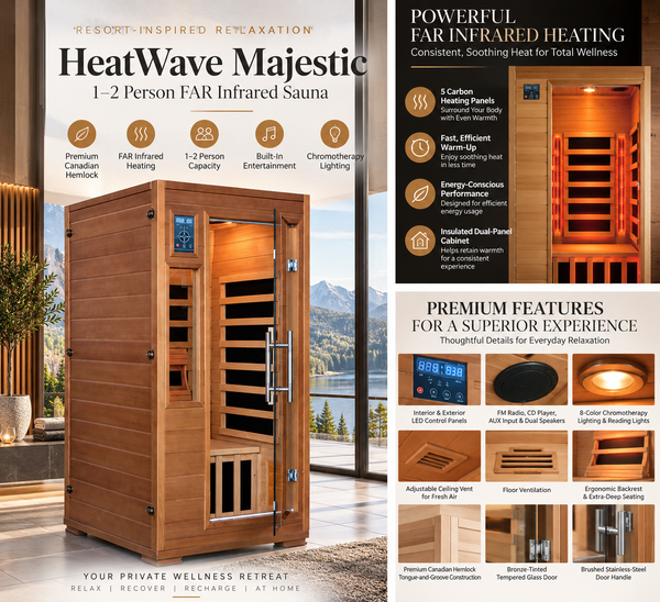 HeatWave Majestic Luxury 1–2 Person FAR Infrared Sauna | Canadian Hemlock | 5 Carbon Heaters