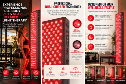 Hooga PRO1500 Full Body Red & Near Infrared Light Therapy Panel – 660nm & 850nm | 300 Dual-Chip LEDs | Independent Controls | 3-Year Warranty