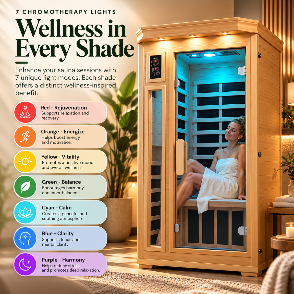 LifePro RejuvaCure Luxury Indoor FAR Infrared Sauna | 1 or 2 Person | Canadian Hemlock | Chromotherapy | Bluetooth Audio