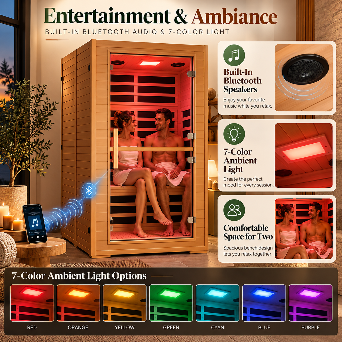 Luxlaria Mauritius Luxury 2-Person Smart Low EMF FAR Infrared Sauna | Canadian Hemlock | App Control