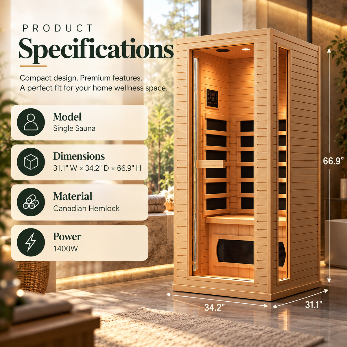 Luxury Low EMF FAR 1-Person Infrared Sauna | Home Wellness | Bluetooth Audio | Chromotherapy Lighting