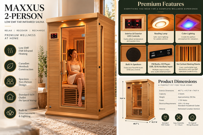 Maxxus 2-Person Low EMF FAR Infrared Sauna | Canadian Hemlock | 110V Plug-and-Play Home Sauna
