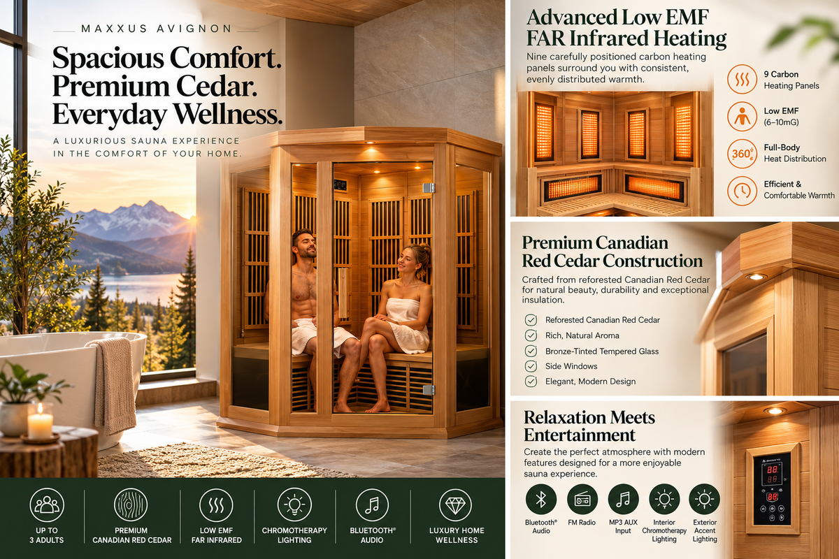 Maxxus Avignon Luxury 3-Person Low EMF FAR Infrared Sauna | Canadian Red Cedar | Corner Design