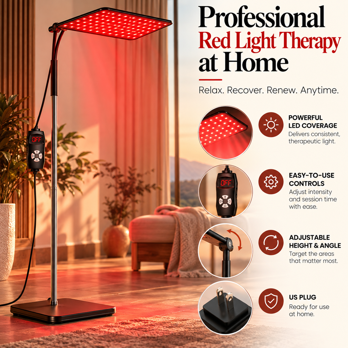 Premium 660nm & 850nm Red & Near Infrared Light Therapy Panel with Adjustable Stand | 126 LEDs | Targeted Body & Skin Wellness