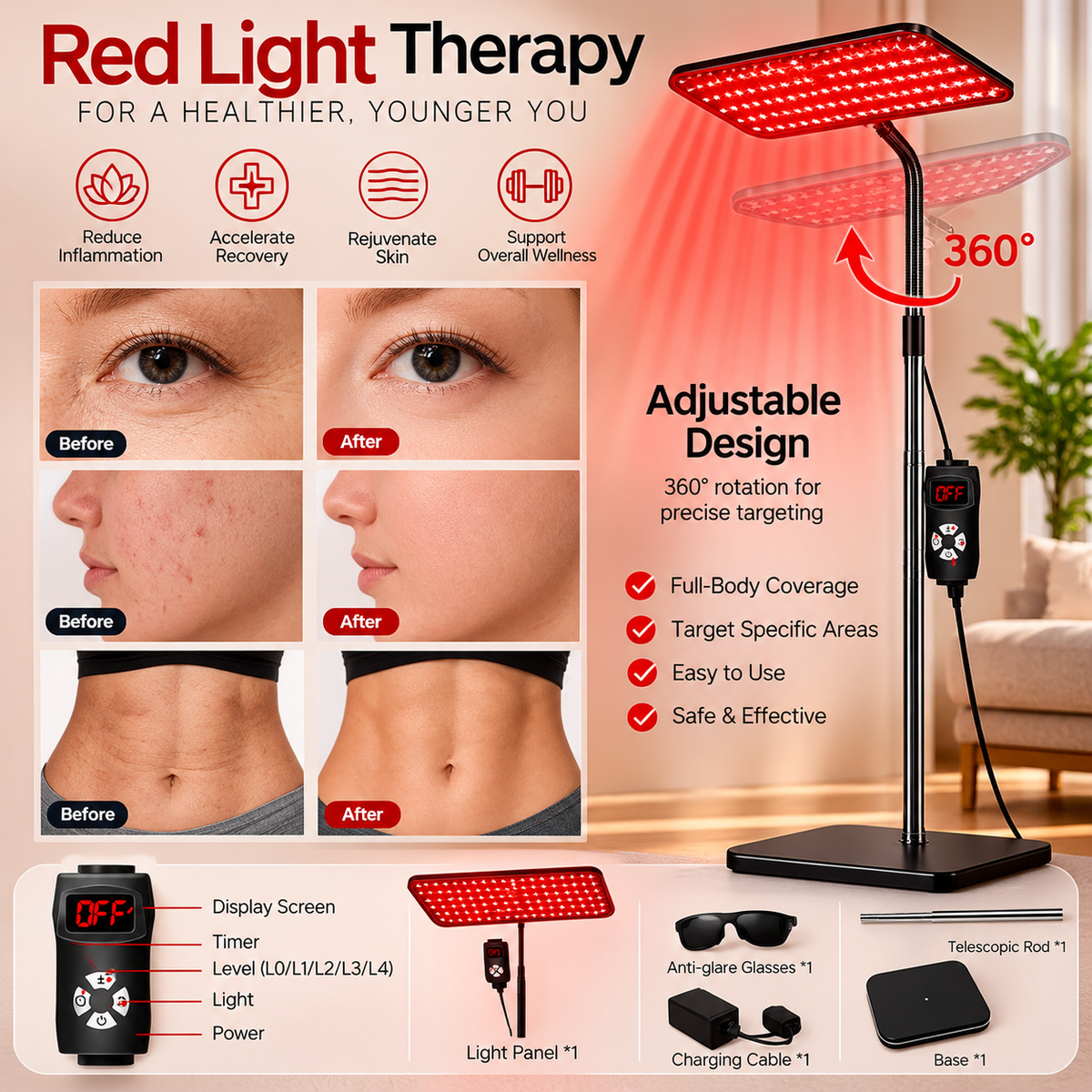 Premium 660nm & 850nm Red & Near Infrared Light Therapy Panel with Adjustable Stand | 126 LEDs | Targeted Body & Skin Wellness