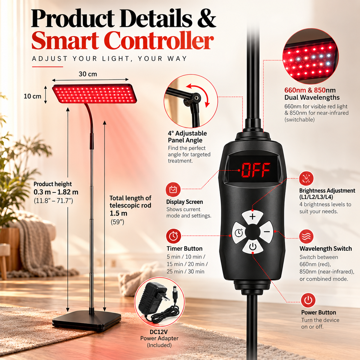 Premium 660nm & 850nm Red & Near Infrared Light Therapy Panel with Adjustable Stand | 126 LEDs | Targeted Body & Skin Wellness