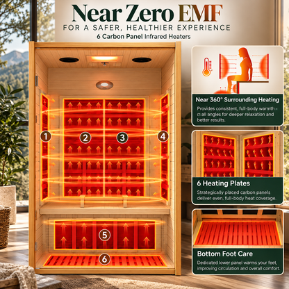 Real Relax Earth Luxury 2-Person Ultra-Low EMF FAR Infrared Sauna | Red Light Therapy | Canadian Hemlock