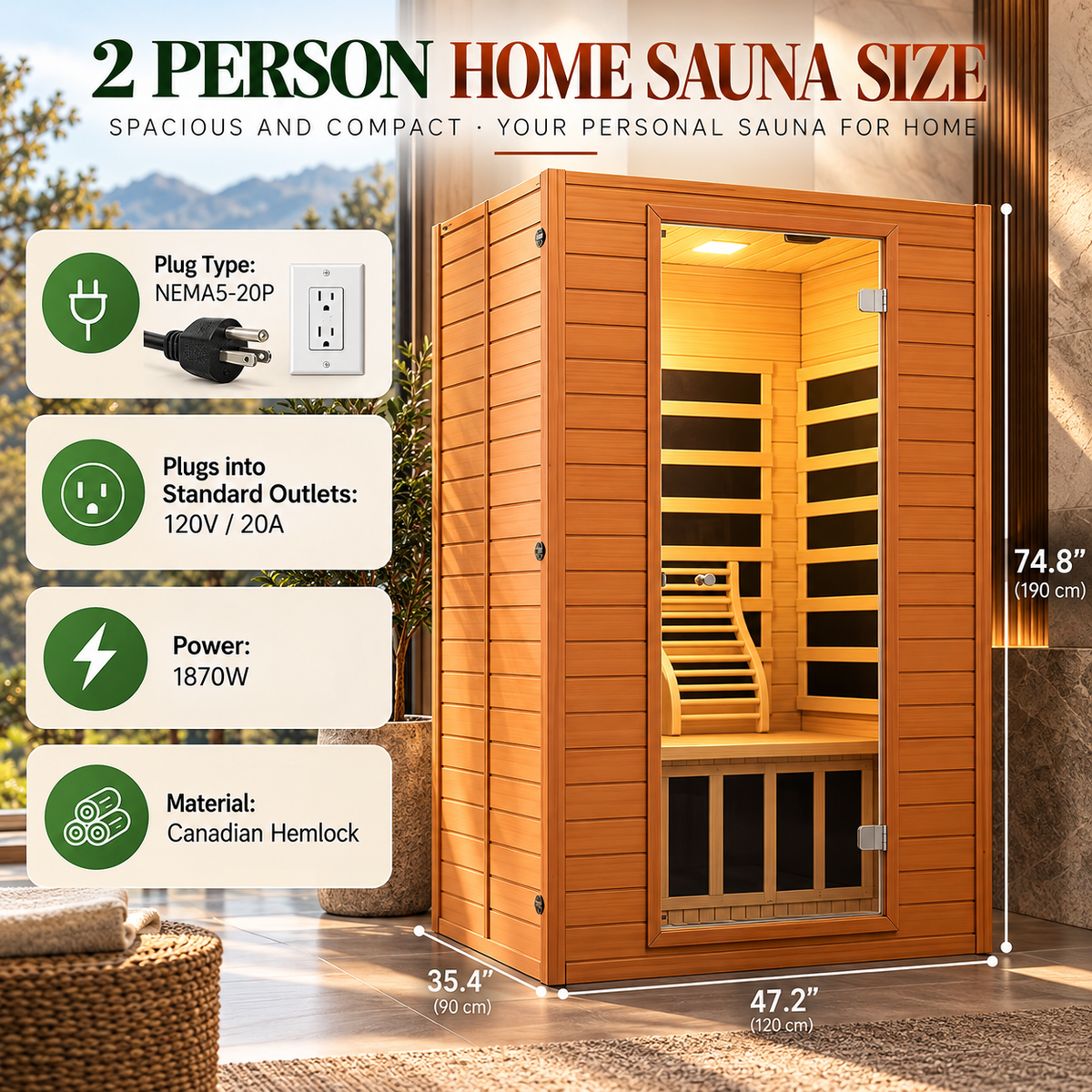Real Relax Earth Luxury 2-Person Ultra-Low EMF FAR Infrared Sauna | Red Light Therapy | Canadian Hemlock