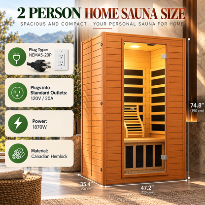 Real Relax Earth Luxury 2-Person Ultra-Low EMF FAR Infrared Sauna | Red Light Therapy | Canadian Hemlock