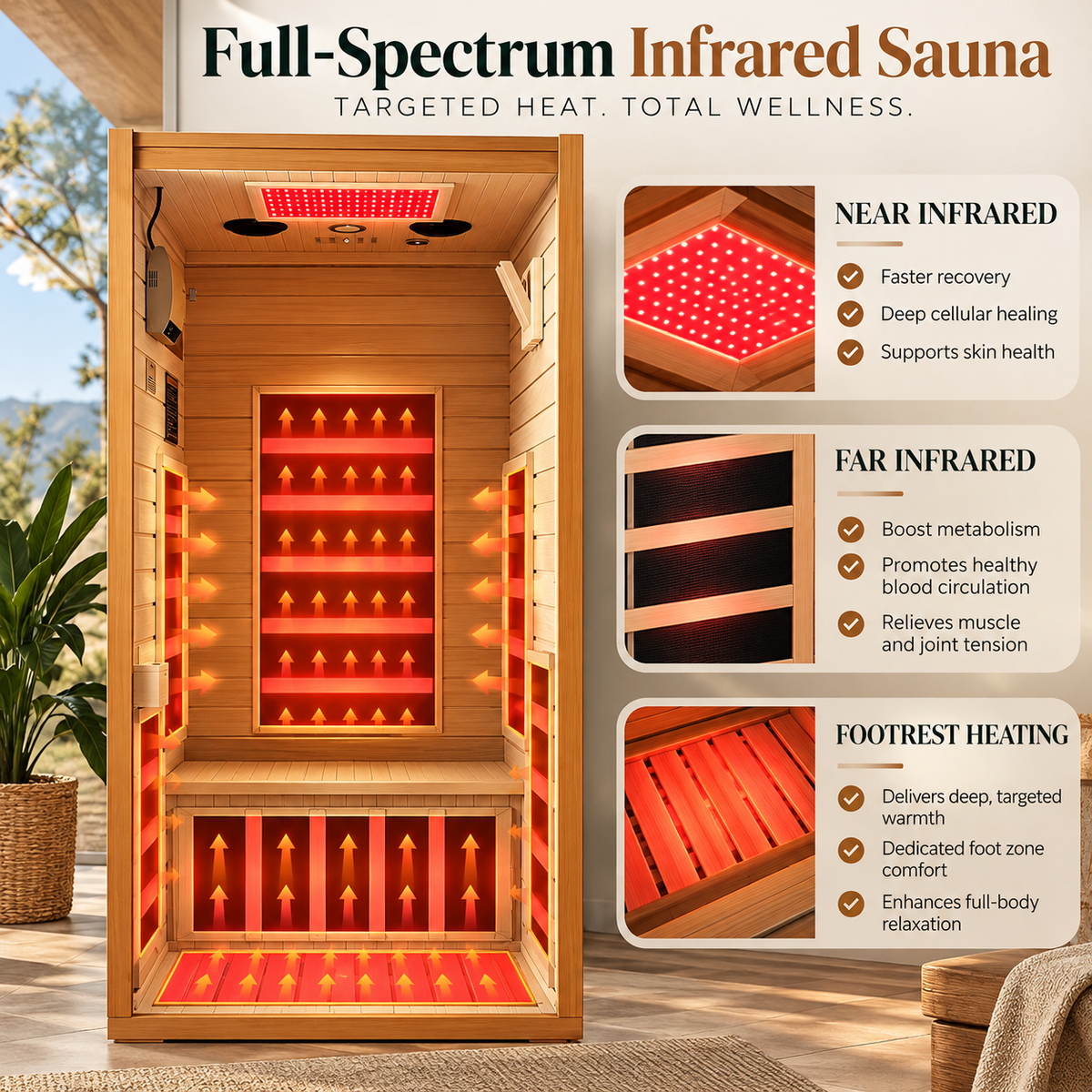 Real Relax Neptune Luxury 1-Person Full Spectrum Infrared Sauna | 660nm & 850nm Red Light Therapy | Canadian Hemlock