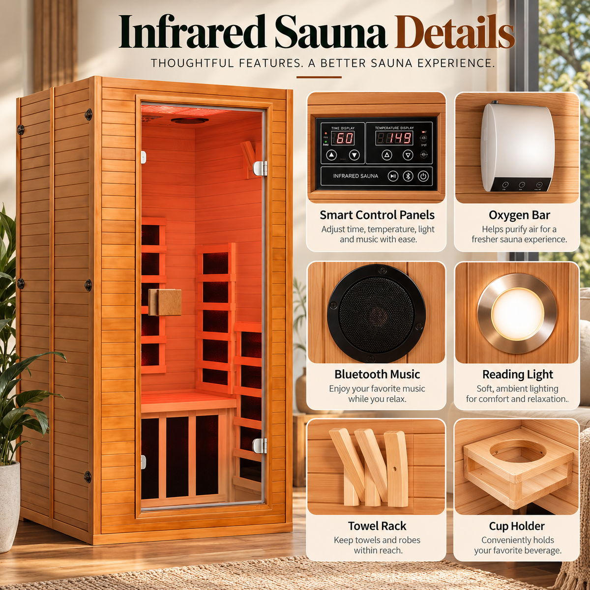 Real Relax Neptune Luxury 1-Person Full Spectrum Infrared Sauna | 660nm & 850nm Red Light Therapy | Canadian Hemlock
