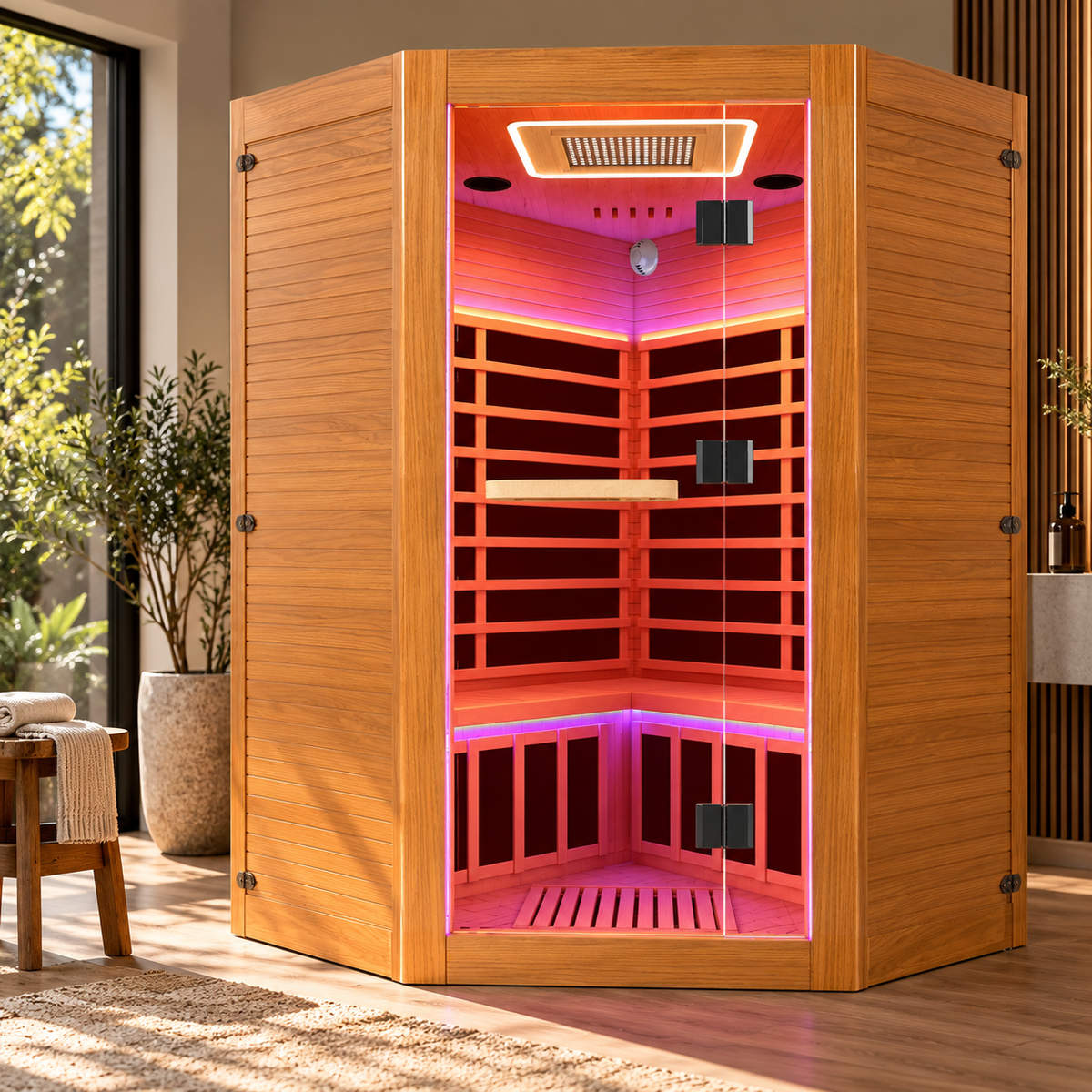 Seizeen Luxury 2–3 Person Corner Infrared Sauna | Red Light Feature | Oxygen Bar | Bluetooth Audio | 360° Surround Heating