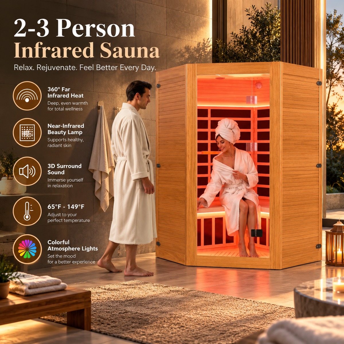 Seizeen Luxury 2–3 Person Corner Infrared Sauna | Red Light Feature | Oxygen Bar | Bluetooth Audio | 360° Surround Heating