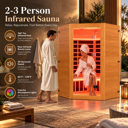 Seizeen Luxury 2–3 Person Corner Infrared Sauna | Red Light Feature | Oxygen Bar | Bluetooth Audio | 360° Surround Heating