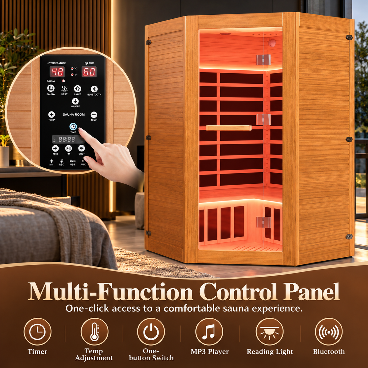 Seizeen Luxury 2–3 Person Corner Infrared Sauna | Red Light Feature | Oxygen Bar | Bluetooth Audio | 360° Surround Heating