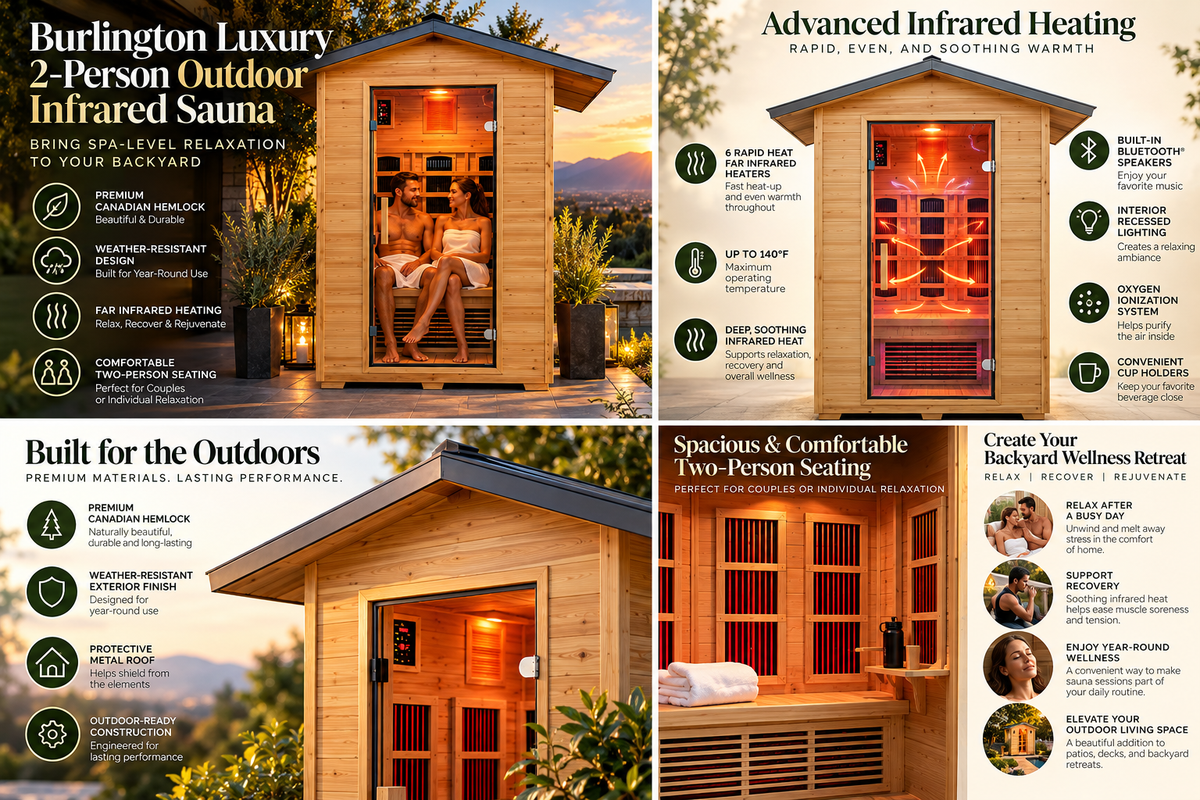 SunRay Burlington Luxury 2-Person Outdoor Infrared Sauna | Canadian Hemlock | Weatherproof Cabin | Bluetooth Audio