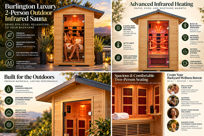 SunRay Burlington Luxury 2-Person Outdoor Infrared Sauna | Canadian Hemlock | Weatherproof Cabin | Bluetooth Audio