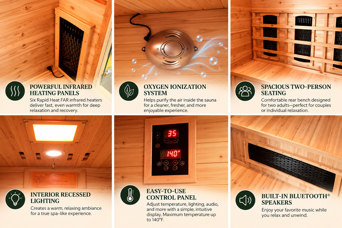 SunRay Burlington Luxury 2-Person Outdoor Infrared Sauna | Canadian Hemlock | Weatherproof Cabin | Bluetooth Audio