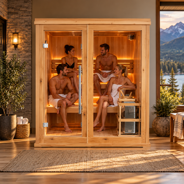 SunRay Charleston Luxury 4-Person Indoor Traditional Sauna | Canadian Hemlock | Harvia 6.0kW Heater
