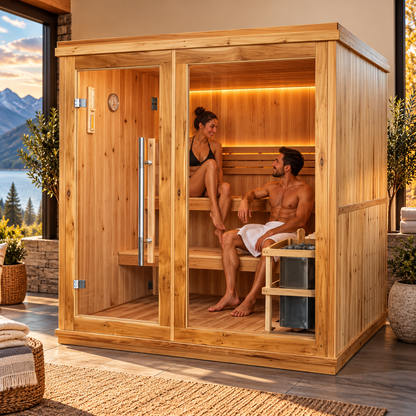 SunRay Charleston Luxury 4-Person Indoor Traditional Sauna | Canadian Hemlock | Harvia 6.0kW Heater