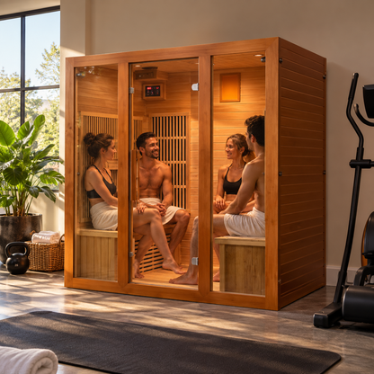 SunRay Roslyn Luxury 4-Person Canadian Red Cedar Infrared Sauna | 10 Carbon Nano Heaters | Bluetooth & Chromotherapy