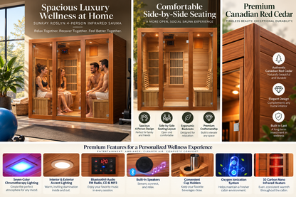 SunRay Roslyn Luxury 4-Person Canadian Red Cedar Infrared Sauna | 10 Carbon Nano Heaters | Bluetooth & Chromotherapy