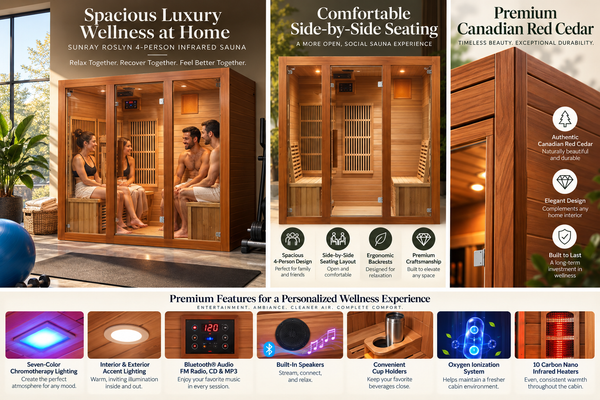 SunRay Roslyn Luxury 4-Person Canadian Red Cedar Infrared Sauna | 10 Carbon Nano Heaters | Bluetooth & Chromotherapy