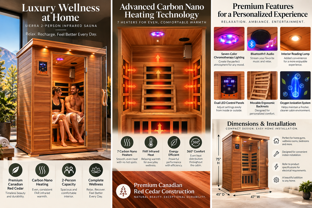 SunRay Sierra Luxury 2-Person Canadian Red Cedar Infrared Sauna | Carbon Nano Heaters | Bluetooth & Chromotherapy