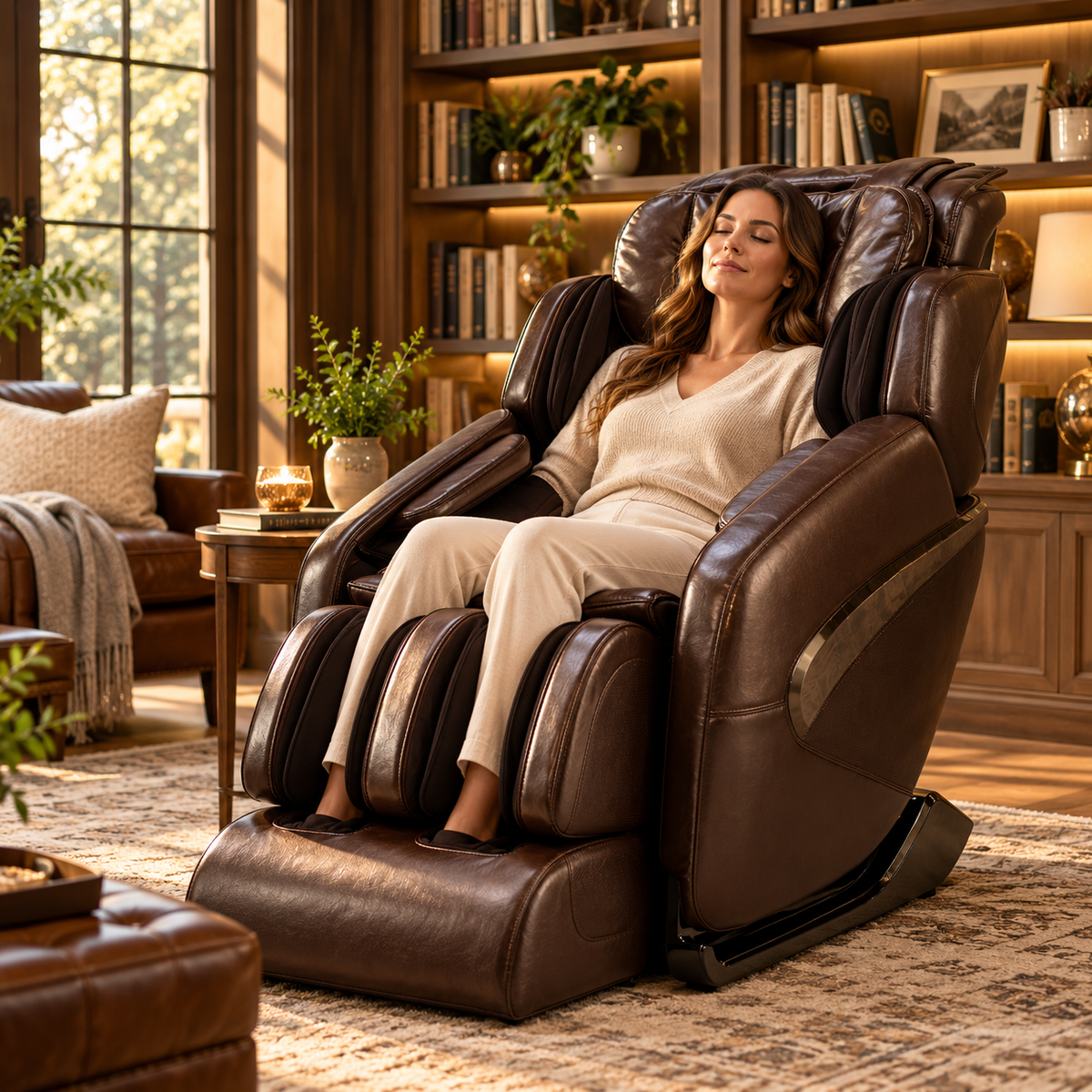 Synca Wellness Jin Deluxe L-Track Massage Chair | Zero Gravity | Triple-Zone Heat Therapy | Brown
