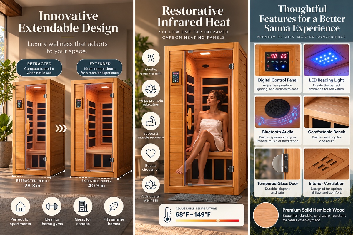 Vanity Art Extendable 1-Person FAR Infrared Sauna | Low EMF Carbon Heating | Bluetooth Audio | Solid Hemlock